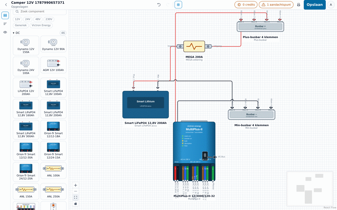 Schermafbeelding van de WireElectric-editor met een 12V-camperschema: componentbibliotheek links, tekening met accu, MultiPlus, MPPT en zekeringkast in het midden, aandachtspunten onderin.